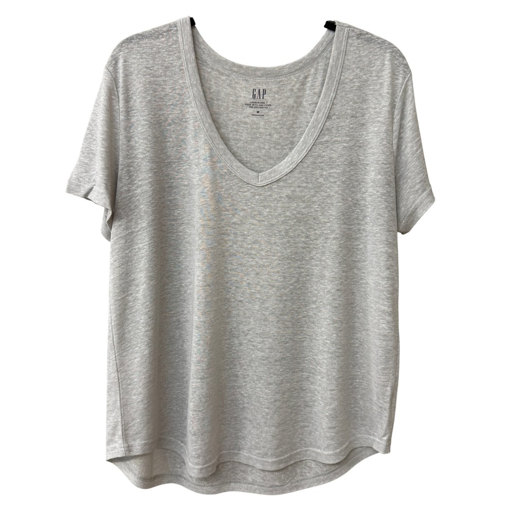 Gap Women Linen Blend V-Neck T-Shirt Size Medium Heather Grey Relaxed Semi-Sheer